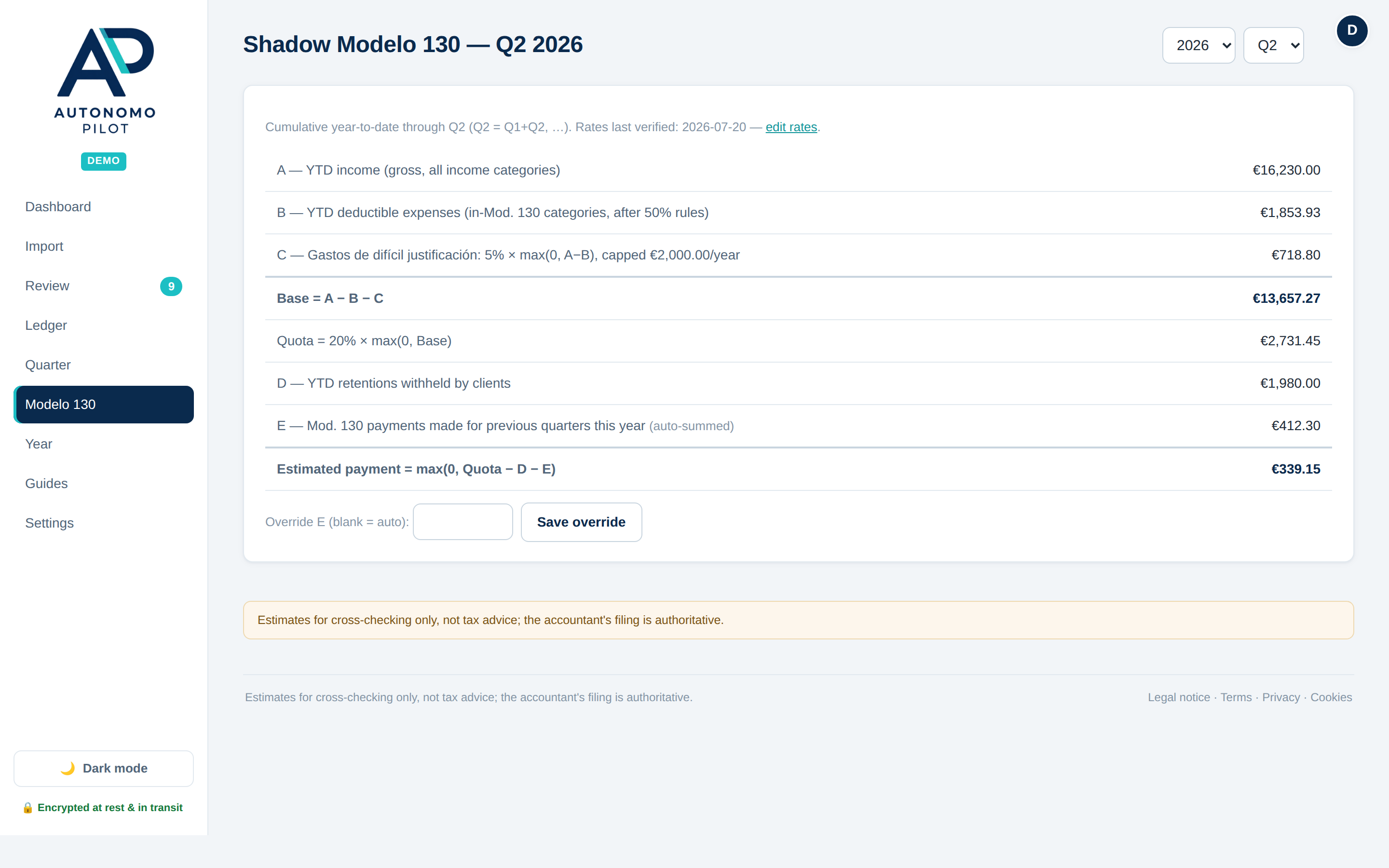Shadow Modelo 130 estimate with line-by-line breakdown